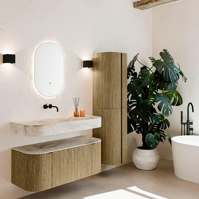 MONDIAZ THOR-DLUX 110cm meuble de salle de bains arrondi gauche + droite couleur Dusk avec 1 tiroir et 2 portes. Vasque suspendue CLOUD Milieu sans trou de robinet couleur Frappe.