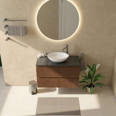 Saniclass Holz Atelier Ensemble meuble de salle de bains - 100x45x63cm - Plan vasque en basalte Noche poli (noir) - 1 trou de robinetterie - 2 tiroirs - walnut pure mat (bois)