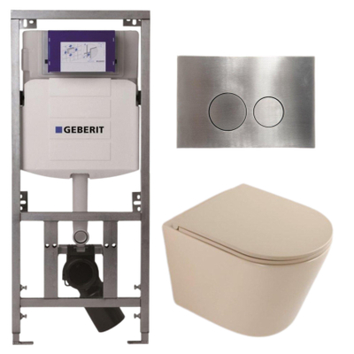 QeramiQ Dely Pack WC - 36,3x51,7cm - à fond creux - sans bride - réservoir WC attenant Geberit UP320 - abattant WC à fermeture douce - plaque de déclenchement en acier - boutons ronds - beige mat