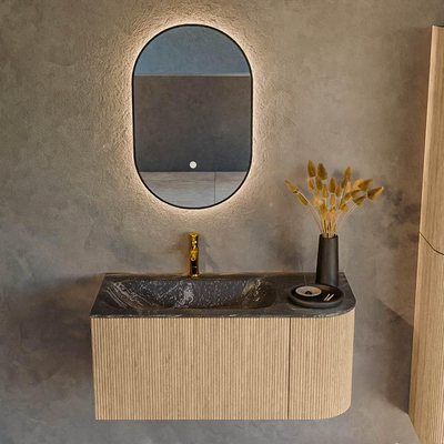 MONDIAZ KURVE-DLUX 95cm Meuble salle de bain avec module 25 D - couleur Oak - 1 tiroir - 1 porte - vasque BIG SMALL gauche - 1 trou de robinet - couleur Lava