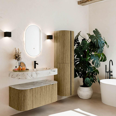 MONDIAZ THOR-DLUX 100cm meuble de salle de bains arrondi gauche + droite couleur Dusk avec 1 tiroir et 2 portes. Vasque suspendue CLOUD Droite 1 trou de robinet couleur Glace.