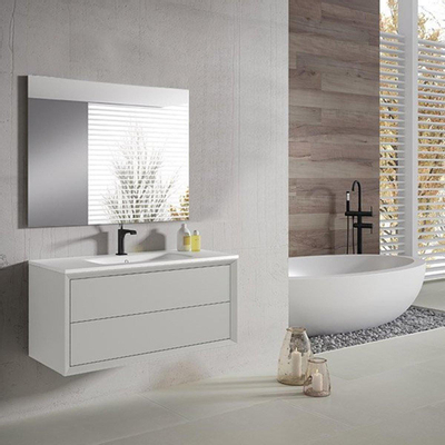 Saniclass Prime Core Meuble de salle de bain - 100x50x45cm - 1 vasque ovale en céramique blanc - 1 trou de robinet - 2 tiroirs - miroir rectangulaire - mat cotton (beige)