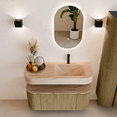 MONDIAZ THOR-DLUX 110cm meuble de salle de bains arrondi gauche + droite couleur Dusk avec 1 tiroir et 2 portes. Vasque suspendue CLOUD Droite 1 trou de robinet couleur Saba.