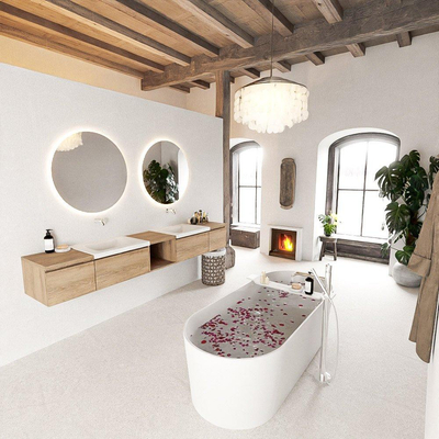 MONDIAZ BUKLA 240cm ensemble de meuble avec module ouvert 40 au milieu couleur Chêne blanchi avec 4 tiroirs. Lavabo CLOUD double 0 trou de robinet couleur Talc.