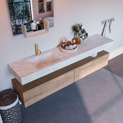 Mondiaz ALAN-DLUX Ensemble de meuble - 200cm - meuble Washed Oak mat - 2 tiroirs - Lavabo Cloud Opalo suspendu - vasque Gauche - 1 trou de robinet