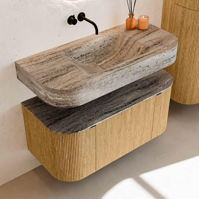MONDIAZ THOR-DLUX 100cm meuble de salle de bains arrondi gauche + droite couleur Oak avec 1 tiroir et 2 portes. Vasque suspendue CLOUD Milieu sans trou de robinet couleur Oza.
