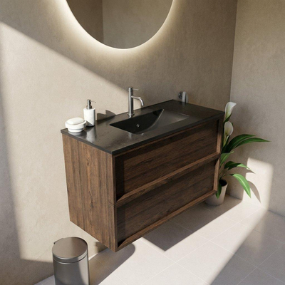 Saniclass Holz Frame Ensemble de meubles de salle de bains - 100x45x62cm - lavabo Vygo en céramique noir - 1 vasque - 1 trou de robinetterie - 2 tiroirs - chêne charcoal mat (bois)
