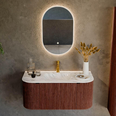 Mondiaz KURVE-DLUX Badkamermeubelset - 100x46x40cm - 1 lade - 2 deuren - wastafel solid surface - midden - 1 kraangat - Ruby