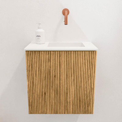 Mondiaz JOYA 40cm toiletmeubel - kleur Oak - Wastafel FAYE positie Rechts Zonder kraangat kleur Talc.