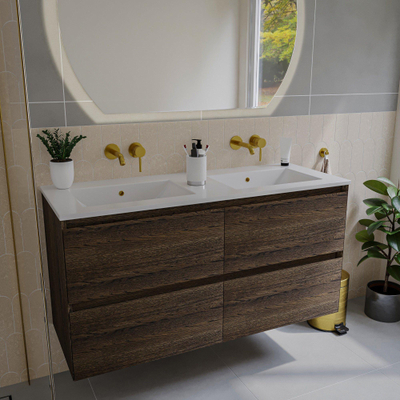 Saniclass Holz Pure Meuble de salle de bain - 120x45x60cm - lavabo en céramique blanc - 2 vasques - sans trous de robinet - 4 tiroirs - Charcoal