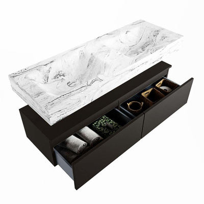 Mondiaz ALAN-DLUX Ensemble de meuble - 130cm - meuble Urban mat - 2 tiroirs - Lavabo Cloud Glace suspendu - vasque Gauche et droite - 2 trous de robinet