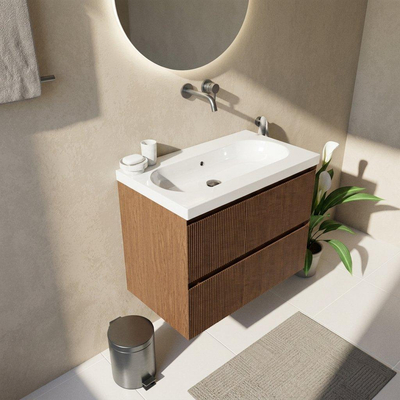 Saniclass Holz Atelier Ensemble meuble de salle de bains - 80x45x63.5cm - lavabo en céramique Palermo blanc - 1 vasque - sans trou de robinet - 2 tiroirs - walnut pure mat (bois)