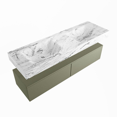 Mondiaz ALAN-DLUX Ensemble de meuble - 150cm - meuble Army mat - 2 tiroirs - Lavabo Cloud Glace suspendu - vasque Gauche et droite - 0 trous de robinet