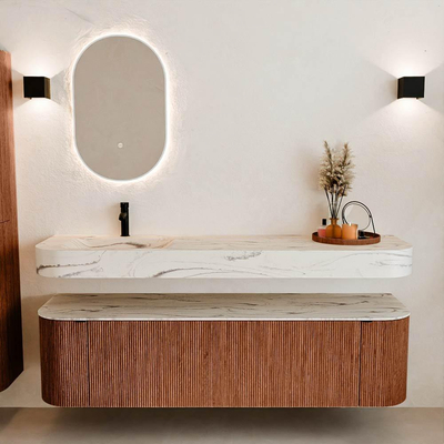 MONDIAZ THOR-DLUX Meuble de salle de bains 170cm arrondi gauche + droite couleur Ruby avec 1 tiroir et 2 portes. Vasque suspendue CLOUD Gauche 1 trou de robinet couleur Nata.