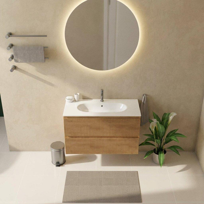 Saniclass Holz Atelier Ensemble de meubles de salle de bains - 100x45x73.9cm - Chaci lavabo en céramique blanc - 1 vasque - 1 trou de robinetterie - 2 tiroirs - chêne natural mat (bois)