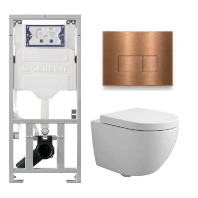 Pack WC QeramiQ Dely Swirl Compact - réservoir encastrable Geberit UP320 - avec bâti-support Burda - abattant 25 mm - plaque de commande en métal cuivre - boutons rectangulaires - blanc brillant