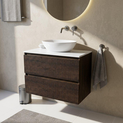 Saniclass Holz Atelier Ensemble de meubles de salle de bains - 80x45x62.5cm - plan de toilette Torino en Solid Surface blanc - sans trou de robinetterie - 2 tiroirs - chêne charcoal mat (bois)