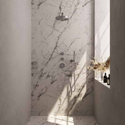 BRAUER Stripe Thermostatische Inbouw Regendouche - SET 01 - 25cm douchekop - rechte muurarm - staaf handdouche - doucheslang - wandaansluitbocht - RVS-kleurig geborsteld PVD