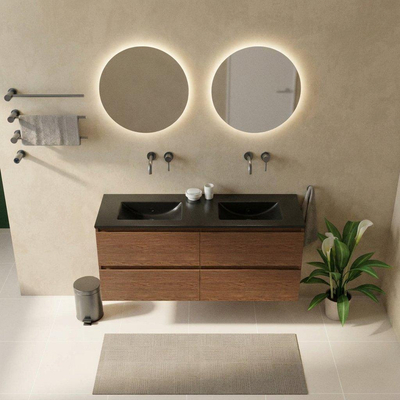 Saniclass Holz Pure Ensemble de meubles de salle de bains - 140x45x62cm - lavabo Vygo en céramique noir - 2 vasques - sans trous de robinetterie - 4 tiroirs - walnut pure mat (bois)