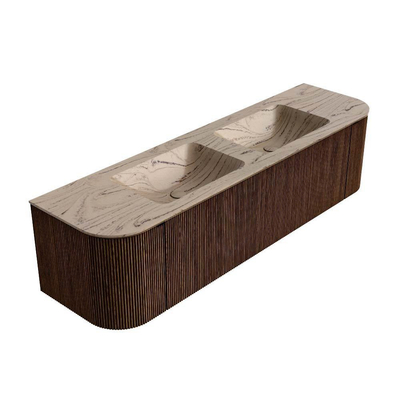 MONDIAZ KURVE-DLUX Meuble de salle de bains 170cm arrondi Gauche + Droite couleur Walnut avec 1 tiroir et 2 portes. Lavabo LEAF Double 2 trous de robinet Arena.