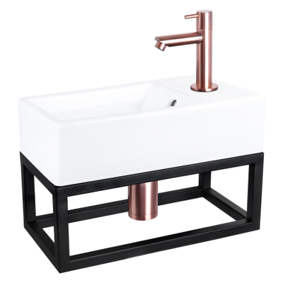 Differnz Force pack lave-mains – 40 x 22 x 11,5 cm – céramique blanche – robinet droit cuivre – avec cadre noir