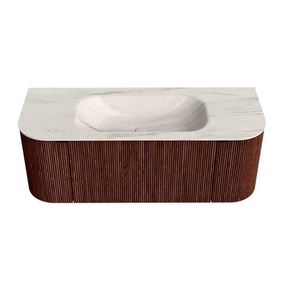 MONDIAZ KURVE-DLUX Meuble de salle de bains 120cm arrondi Gauche + Droite couleur Ruby avec 1 tiroir et 2 portes. Lavabo BIG SMALL Central 1 trou de robinet Meli.