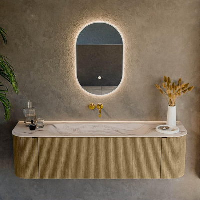 MONDIAZ KURVE-DLUX meuble de salle de bains 160cm arrondi gauche + droite couleur Dusk avec 1 tiroir et 2 portes. Lavabo BIG MEDIUM au centre sans trou de robinet Nata.
