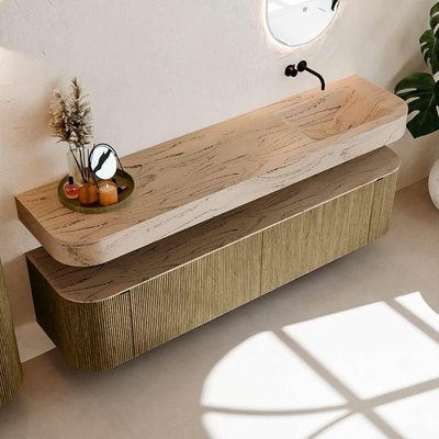 MONDIAZ THOR-DLUX 190cm meuble de salle de bains arrondi gauche + droite couleur Dusk avec 2 tiroirs et 2 portes. Vasque suspendue CLOUD Droite sans trou de robinet couleur Arena.