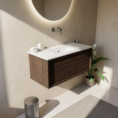 Saniclass Holz Frame Ensemble de meubles de salle de bains - 100x45x42cm - Vygo lavabo en céramique blanc - 1 vasque - sans trou de robinetterie - 1 tiroir - chêne charcoal mat (bois)