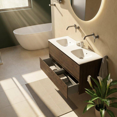 Saniclass Holz Pure Ensemble de meubles de salle de bains - 120x45x61.5cm - Lavabo Flow en solid surface blanc - 2 vasques - sans trous de robinetterie - 4 tiroirs - chêne charcoal mat (bois)