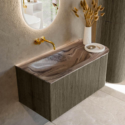 MONDIAZ KURVE-DLUX Meuble de salle de bains 95cm arrondi à droite couleur Shadow avec 1 tiroir et 1 porte. Plan-vasque BIG SMALL gauche sans trou de robinet Sombra.