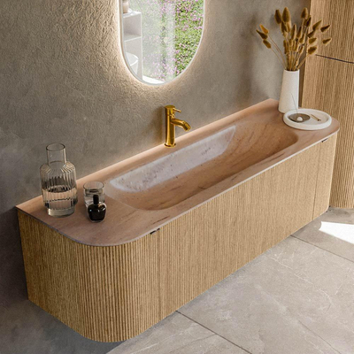 MONDIAZ KURVE-DLUX 150cm badmeubel ronding Links + Rechts kleur Oak met 1 lade en 2 deuren. Wastafel BIG MEDIUM Midden 1 kraangat Saba.