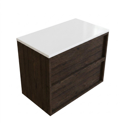 Saniclass Holz Frame Ensemble de meubles de salle de bains - 80x45x62.5cm - plan de travail Torino en solid surface blanc - sans trou de robinet - 2 tiroirs - chêne charcoal mat (bois)