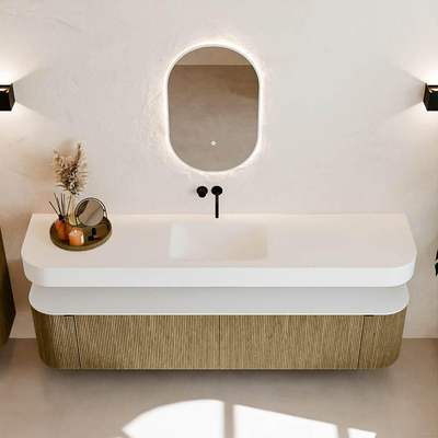 MONDIAZ THOR 200cm badmeubel ronding links + rechts kleur Dusk met 2 lades en 2 deuren. Vrijhangende wastafel CLOUD Midden zonder kraangat kleur Talc.