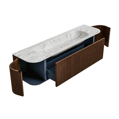 MONDIAZ KURVE-DLUX 170cm badmeubel met module 25 Len R kleur Walnut met 1 lade en 2 deuren. Wastafel BIG LARGE midden 1 kraangat kleur Glace.