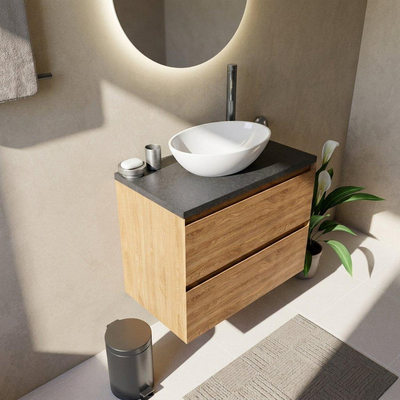 Saniclass Holz Pure Ensemble de meubles de salle de bains - 80x45x63cm - Plan vasque en basalte Noche poli (noir) - 1 trou de robinetterie - 2 tiroirs - chêne naturel mat (bois)