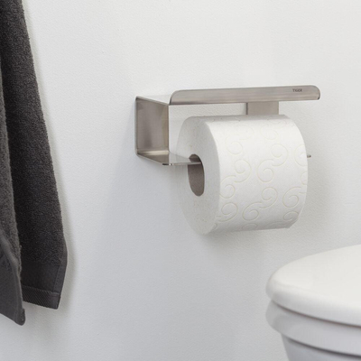 Tiger Colar Toiletrolhouder - zonder klep - met planchet - zelfklevend - geborsteld RVS