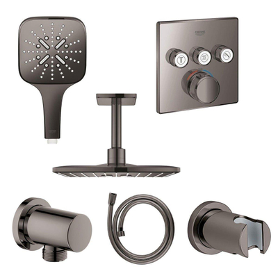GROHE Rainshower Smartactive Ensemble de douche de tête Apparente - douche de tête carrée 31cm - douchette carrée - bras de plafond - boîtier d'encastrement - hard graphite
