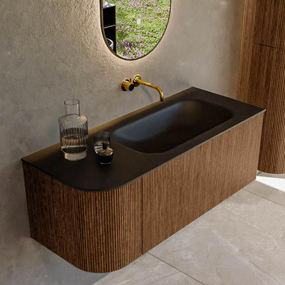 MONDIAZ KURVE 115cm Meuble salle de bain avec module 25 G - couleur Walnut - 1 tiroir - 1 porte - vasque BIG SMALL droite - sans trous de robinet - Urban