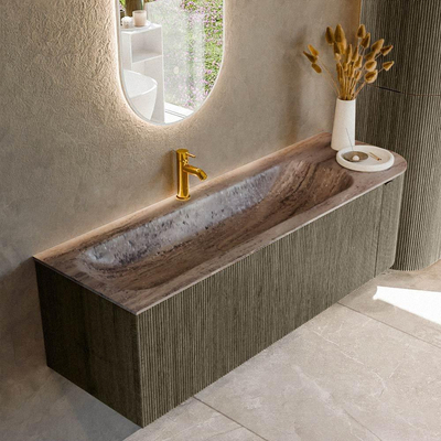 MONDIAZ KURVE-DLUX Meuble de salle de bains 145cm arrondi à droite couleur Shadow avec 1 tiroir et 1 porte. Lavabo BIG LARGE gauche 1 trou de robinet Oza.