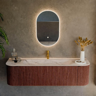 MONDIAZ KURVE-DLUX Meuble de salle de bains 160cm arrondi Gauche + Droite couleur Ruby avec 1 tiroir et 2 portes. Lavabo BIG MEDIUM Central 1 trou de robinet Nata.