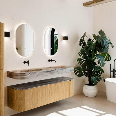 MONDIAZ THOR-DLUX 160cm meuble de salle de bains arrondi gauche + droite couleur Oak avec 1 tiroir et 2 portes. Vasque suspendue CLOUD Double sans trou de robinet couleur Sombra.