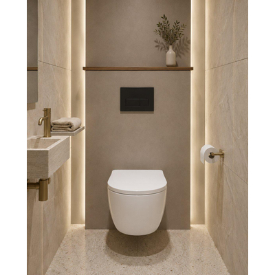 QeramiQ Dely Toiletset - 36.3x51.7cm - diepspoel - rimless - Geberit UP720 inbouwreservoir - softclose toilet zitting 35 mm - kunstof mat zwarte bedieningsplaat - rechthoekige knoppen - mat wit