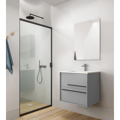 Saniclass Prime Essential Meuble de salle de bain - 60x55x46cm - 1 vasque ovale blanc - 1 trou de robinet - 2 tiroirs - miroir rectangulaire - mat greige (gris)