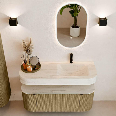 MONDIAZ THOR-DLUX 120cm meuble de salle de bains arrondi gauche + droite couleur Dusk avec 1 tiroir et 2 portes. Vasque suspendue CLOUD Droite 1 trou de robinet couleur Meli.