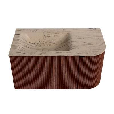 MONDIAZ KURVE-DLUX 85cm meuble de salle de bains arrondi droit couleur Ruby avec 1 tiroir et 1 porte. Lavabo CLOUD gauche 1 trou de robinet Arena.