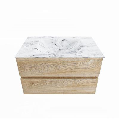 VICA-DLUX 80cm badmeubel onderkast washed oak 2 lades. Inbouw wastafel CLOUD midden 1 kraangat, kleur Glace.