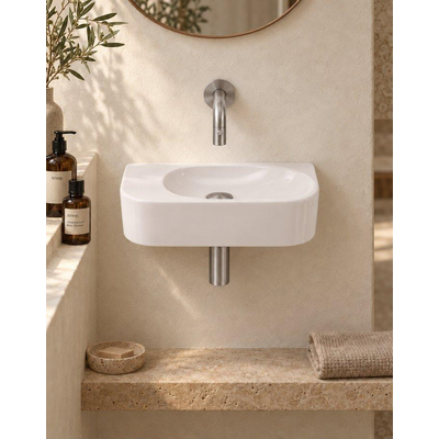 QeramiQ Fuente pack lave-mains – demi-rond – 40 x 22 x 12 cm – céramique lin – sans perçage – robinet inox brossé