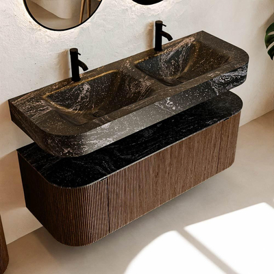 MONDIAZ THOR-DLUX 130cm meuble de salle de bains arrondi gauche + droite couleur Walnut avec 1 tiroir et 2 portes. Vasque suspendue CLOUD Double 2 trous de robinet couleur Lava.