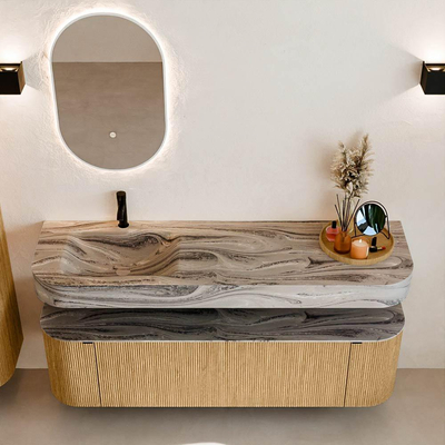 MONDIAZ THOR-DLUX 160cm badmeubel ronding links + rechts kleur Oak met 1 lade en 2 deuren. Vrijhangende wastafel CLOUD Links 1 kraangat kleur Sombra.